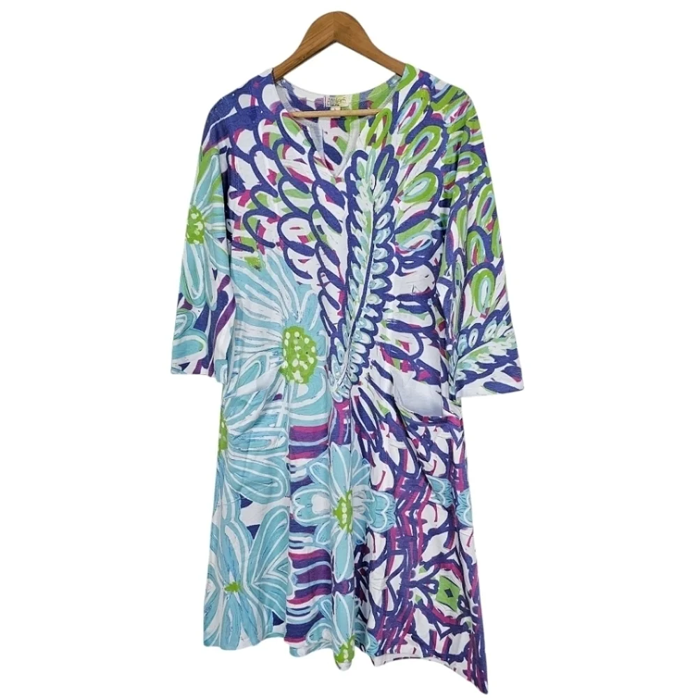 Atelier 5 By Gozde Yilmaz Colorful Floral Shift Dress Sz Large Blue Unique Basic